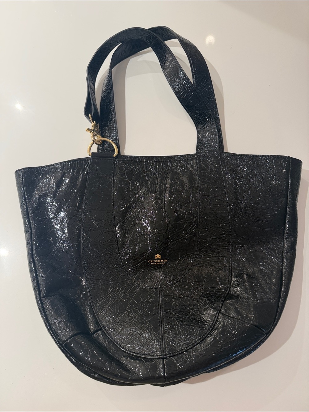 CUOIERIA Patent Leather Tote Bag with Gold Accent